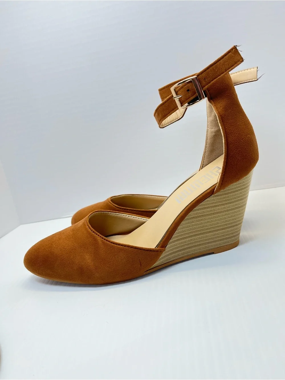 Tan Suede-Like Ankle-Strap Wedge Heels